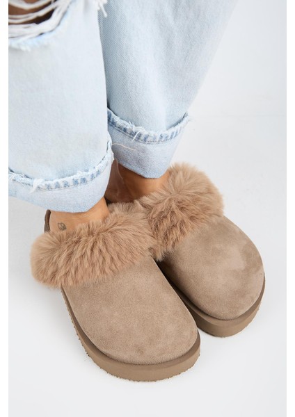 Ruzqahi Kürklü Kadın Deri Hakiki Deri Düz Platform Sabo Vizon Terlik fiyatları