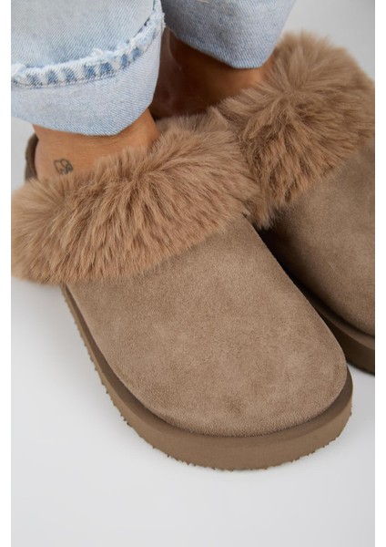 Ruzqahi Kürklü Kadın Deri Hakiki Deri Düz Platform Sabo Vizon Terlik modelleri