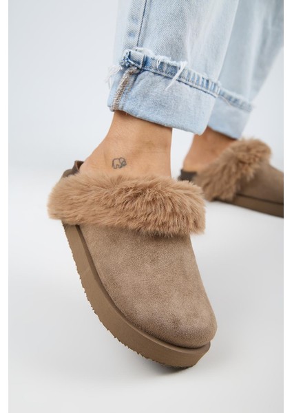 Ruzqahi Kürklü Kadın Deri Hakiki Deri Düz Platform Sabo Vizon Terlik fırsatları