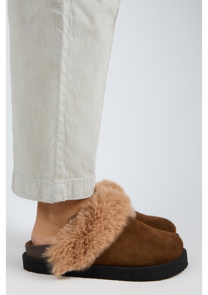 Ruzqahi Kürklü Kadın Deri Hakiki Deri Düz Platform Sabo Taba Terlik