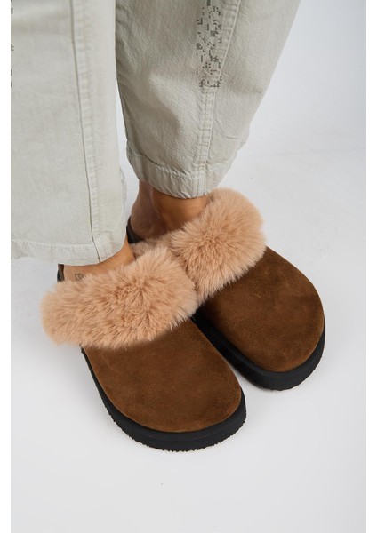 Ruzqahi Kürklü Kadın Deri Hakiki Deri Düz Platform Sabo Taba Terlik fiyatları