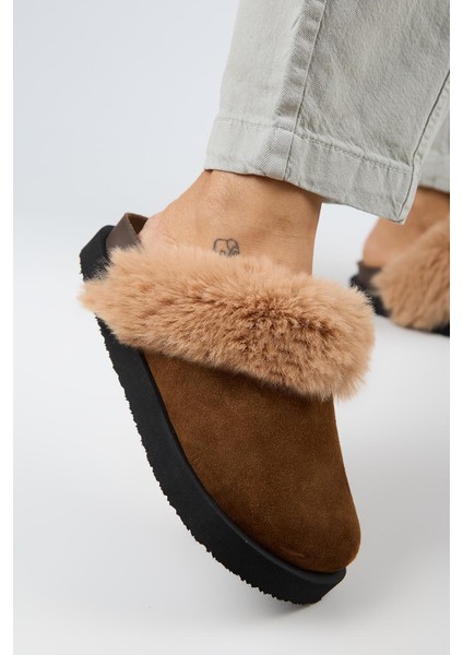 Ruzqahi Kürklü Kadın Deri Hakiki Deri Düz Platform Sabo Taba Terlik fırsatları