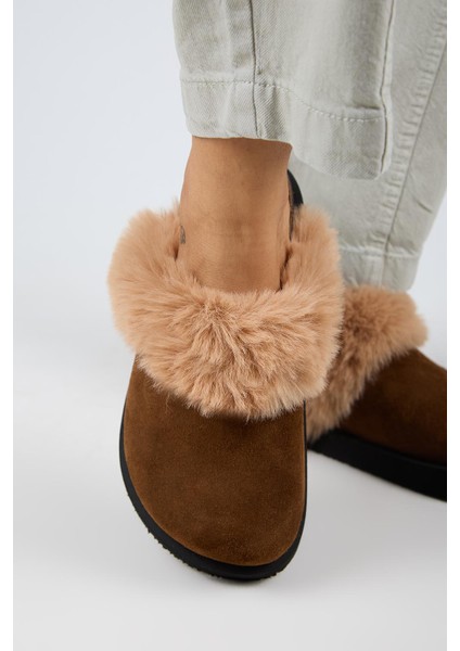 Ruzqahi Kürklü Kadın Deri Hakiki Deri Düz Platform Sabo Taba Terlik indirimleri