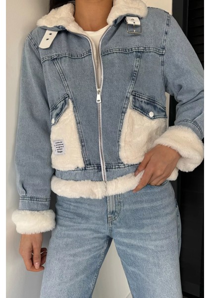 Kadın Kemer Detaylı Kürklü Jean Kot Mont P-00019024