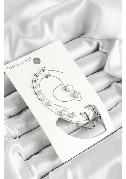 316L Çelik Kalp Figürlü ve Zirkon Taşlı Gümüş Renk 7'li Çift Kadın Küpe Set - Lisinya