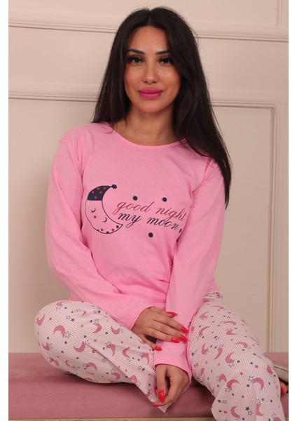 Kadın Good Night Sloganlı Bisiklet Yaka Uzun Kol Altı Uzun Penye Pijama Takımı