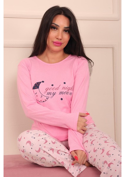 Kadın Good Night Sloganlı Bisiklet Yaka Uzun Kol Altı Uzun Penye Pijama Takımı fiyatları