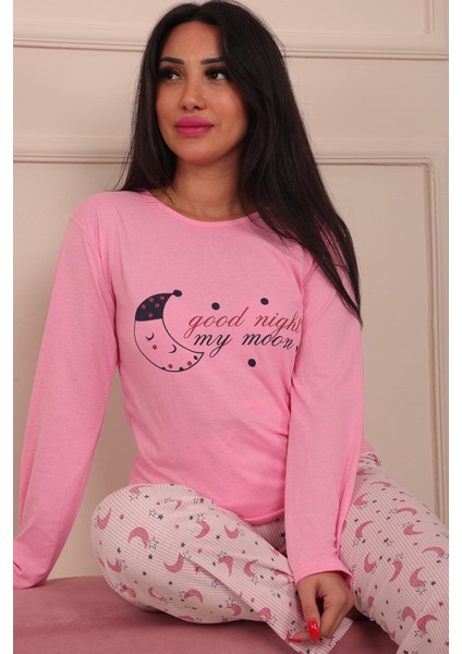 Kadın Good Night Sloganlı Bisiklet Yaka Uzun Kol Altı Uzun Penye Pijama Takımı modelleri