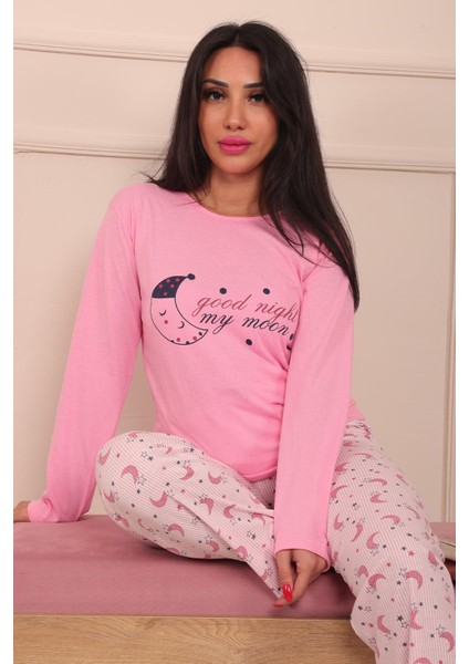 Kadın Good Night Sloganlı Bisiklet Yaka Uzun Kol Altı Uzun Penye Pijama Takımı fırsatları