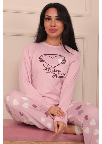 Kadın Sloganlı Kalp Desenli ve Altı Kalp Desenli Termal Pijama Takımı