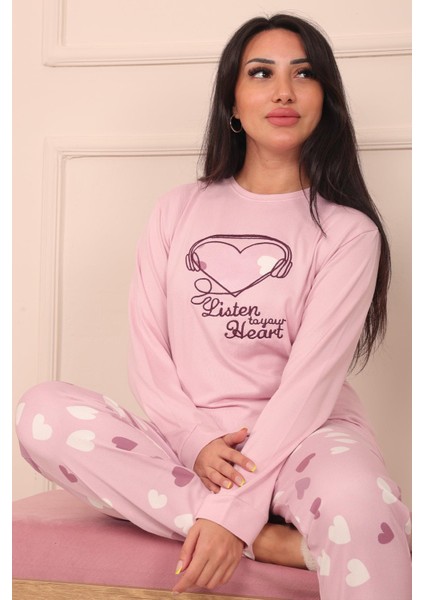 Kadın Sloganlı Kalp Desenli ve Altı Kalp Desenli Termal Pijama Takımı fırsatları