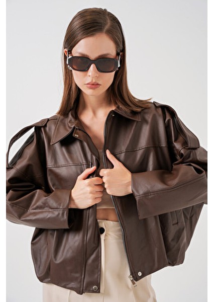Kadın Oversize Deri Ceket 1055 - Kahverengi