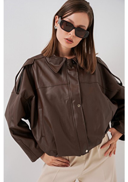 Kadın Oversize Deri Ceket 1055 - Kahverengi modelleri