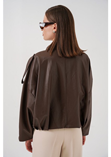 Kadın Oversize Deri Ceket 1055 - Kahverengi