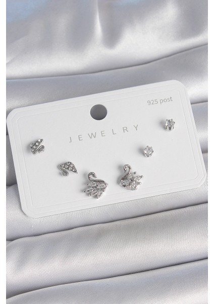 Pirinç Gümüş Renk Zirkon Taşlı Kuğu Model 925 Ayar Gümüş Çivi Kadın Küpe Seti - Lisinya