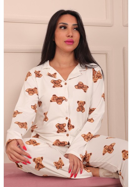 Kadın Teddy Bear Desenli Önü Düğmeli Uzun Kol Altı Uzun Milan Kumaş Pijama Takımı