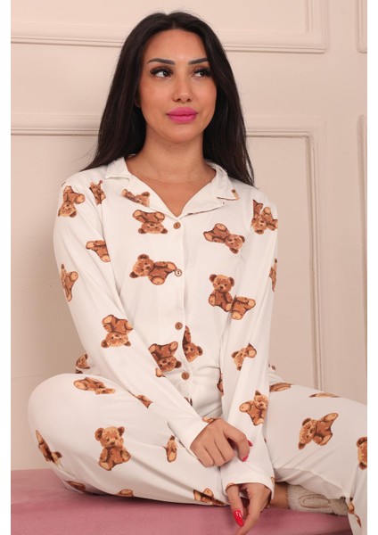 Kadın Teddy Bear Desenli Önü Düğmeli Uzun Kol Altı Uzun Milan Kumaş Pijama Takımı fiyatları