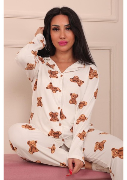 Kadın Teddy Bear Desenli Önü Düğmeli Uzun Kol Altı Uzun Milan Kumaş Pijama Takımı fırsatları