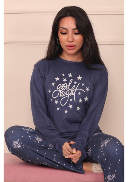 Kadın Good Night Sloganlı ve Altı Yıldız Desenli Termal Pijama Takımı