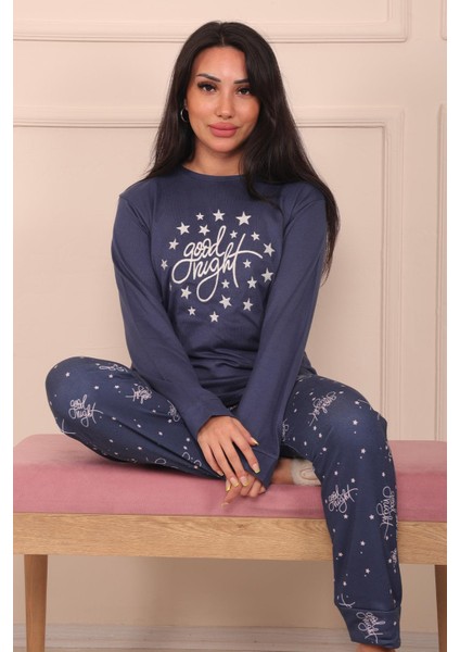 Kadın Good Night Sloganlı ve Altı Yıldız Desenli Termal Pijama Takımı fırsatları