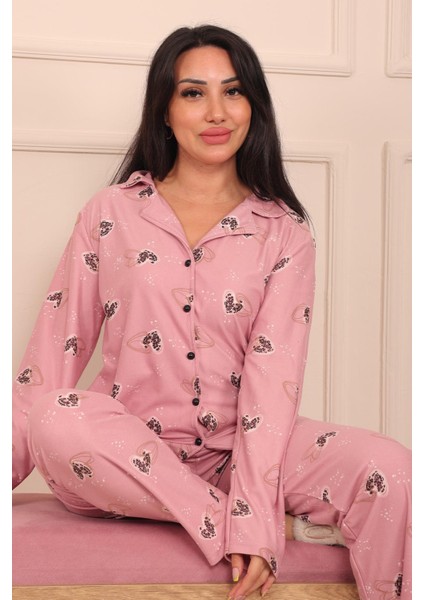 Kadın Kalp Desenli Önü Düğmeli Uzun Kol Altı Uzun Süet Pijama Takımı