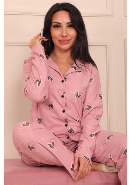 Kadın Kalp Desenli Önü Düğmeli Uzun Kol Altı Uzun Süet Pijama Takımı fiyatları