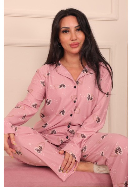 Kadın Kalp Desenli Önü Düğmeli Uzun Kol Altı Uzun Süet Pijama Takımı fırsatları