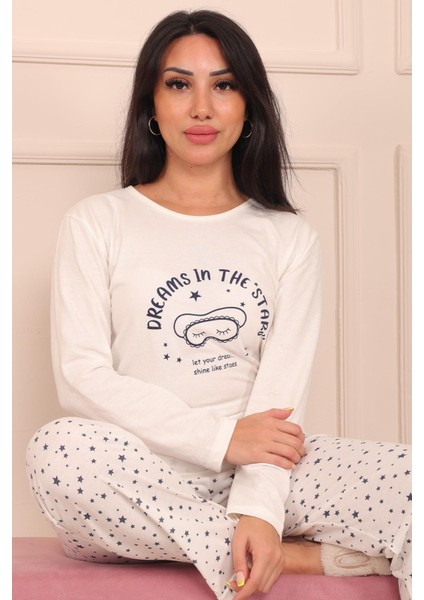 Kadın Dreams In The Stars Sloganlı Altı Yıldız Desenli Bisiklet Yaka Uzun Kol Altı Uzun Penye Pijama Takımı