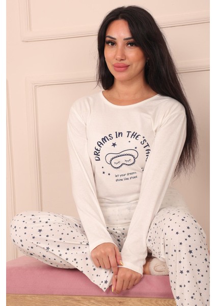 Kadın Dreams In The Stars Sloganlı Altı Yıldız Desenli Bisiklet Yaka Uzun Kol Altı Uzun Penye Pijama Takımı fiyatları
