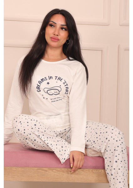 Kadın Dreams In The Stars Sloganlı Altı Yıldız Desenli Bisiklet Yaka Uzun Kol Altı Uzun Penye Pijama Takımı modelleri