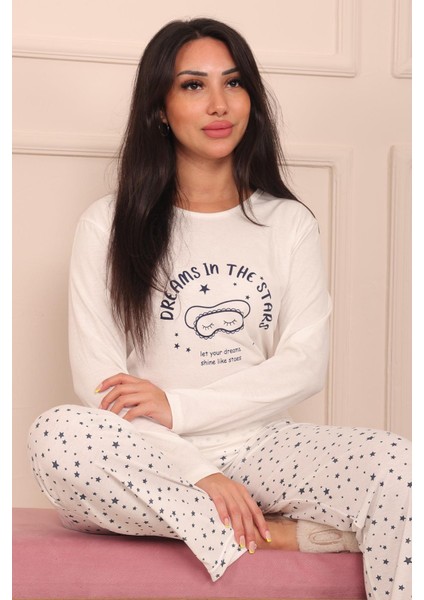 Kadın Dreams In The Stars Sloganlı Altı Yıldız Desenli Bisiklet Yaka Uzun Kol Altı Uzun Penye Pijama Takımı fırsatları