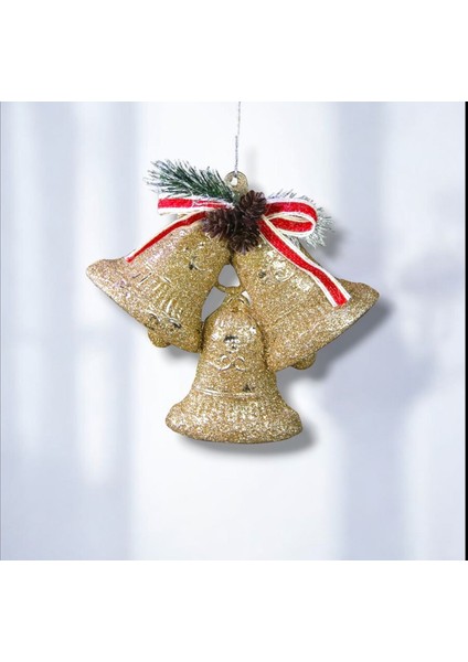 Yılbaşı Süsü Simli Kozalaklı Üçlü Çan Şampanya 12 cm