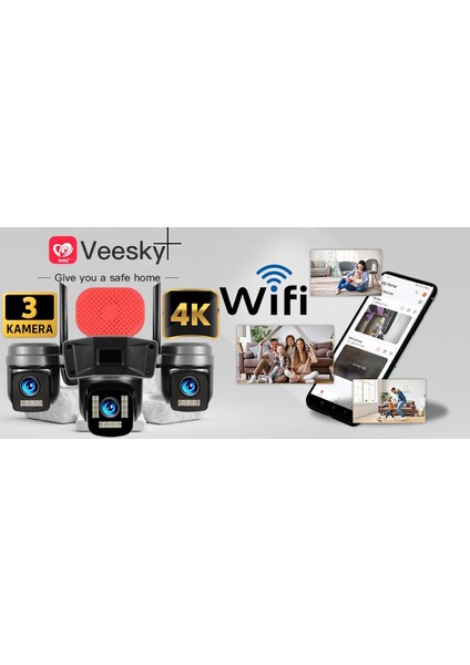 S308 128GB 3 Kameralı 6MP 4K UltraHD Wifi Kamera Siren Gece Görüş