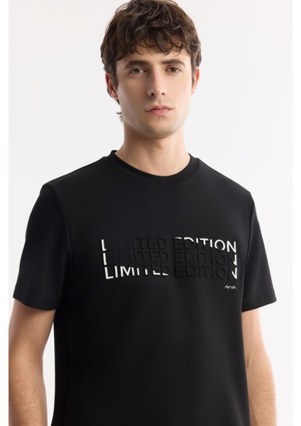 Erkek Siyah Bisiklet Yaka Baskılı Bi-Stretch İnterlok Regular Fit T-Shirt A51Y1003