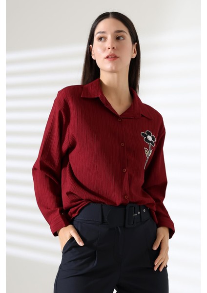 Ribana Uzun Kollu Durres Dokulu Çiçek Detaylı Serin Kumaş Kadın Gömlek fırsatları