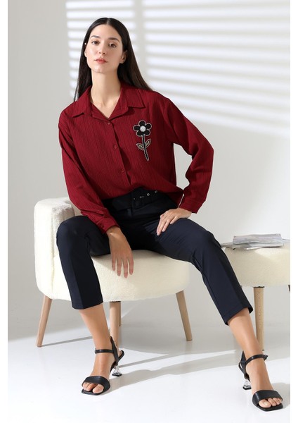 Ribana Uzun Kollu Durres Dokulu Çiçek Detaylı Serin Kumaş Kadın Gömlek