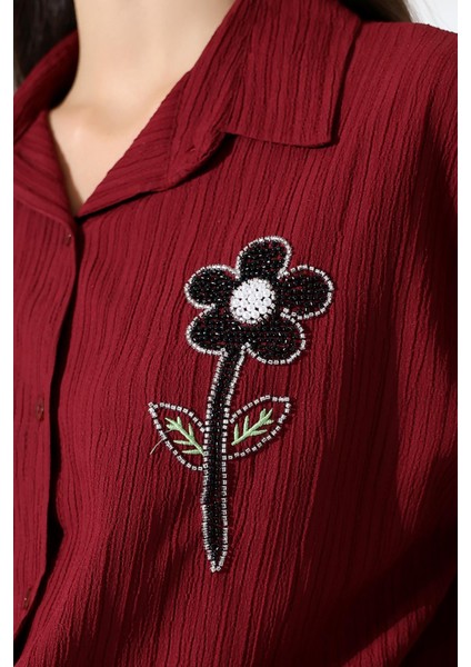 Ribana Uzun Kollu Durres Dokulu Çiçek Detaylı Serin Kumaş Kadın Gömlek