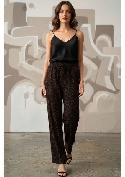 Kadın Leopar Desenli Yüksel Bel Geniş Paça Rahat Kalıp Lıkralı Şık Palazzo Pantolon - Kadın Pantolon