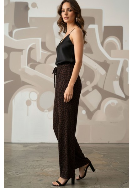 Kadın Leopar Desenli Yüksel Bel Geniş Paça Rahat Kalıp Lıkralı Şık Palazzo Pantolon - Kadın Pantolon fiyatları
