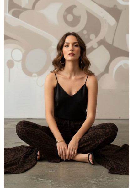 Kadın Leopar Desenli Yüksel Bel Geniş Paça Rahat Kalıp Lıkralı Şık Palazzo Pantolon - Kadın Pantolon modelleri