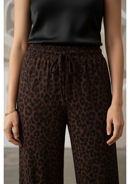 Kadın Leopar Desenli Yüksel Bel Geniş Paça Rahat Kalıp Lıkralı Şık Palazzo Pantolon - Kadın Pantolon fırsatları