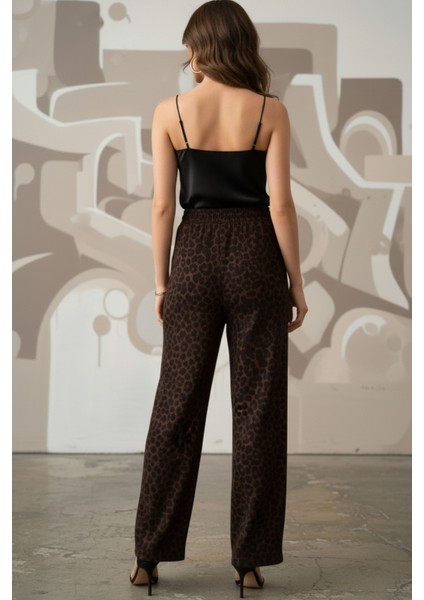 Kadın Leopar Desenli Yüksel Bel Geniş Paça Rahat Kalıp Lıkralı Şık Palazzo Pantolon - Kadın Pantolon indirimleri