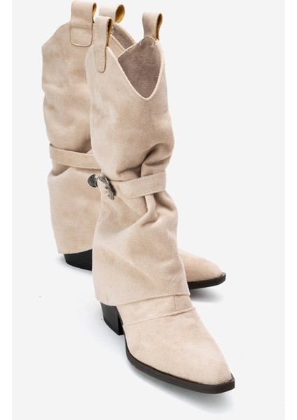 Okus Bej Süet Kadın Tokalı Kalın Topuklu Kısa Çizme