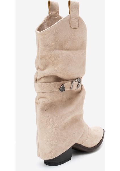 Okus Bej Süet Kadın Tokalı Kalın Topuklu Kısa Çizme fiyatları
