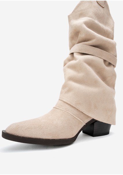Okus Bej Süet Kadın Tokalı Kalın Topuklu Kısa Çizme fırsatları
