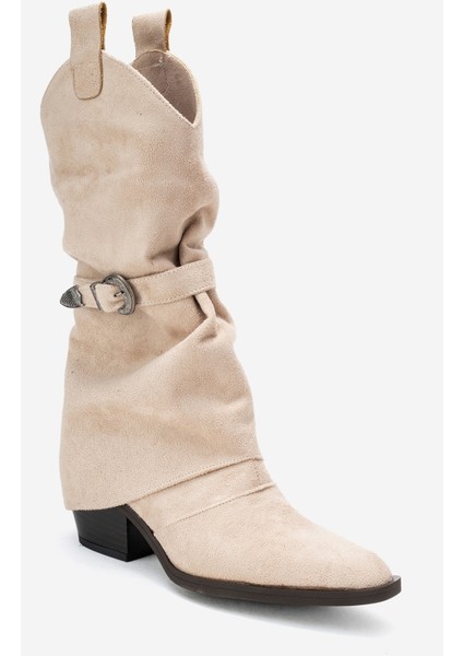 Okus Bej Süet Kadın Tokalı Kalın Topuklu Kısa Çizme indirimleri