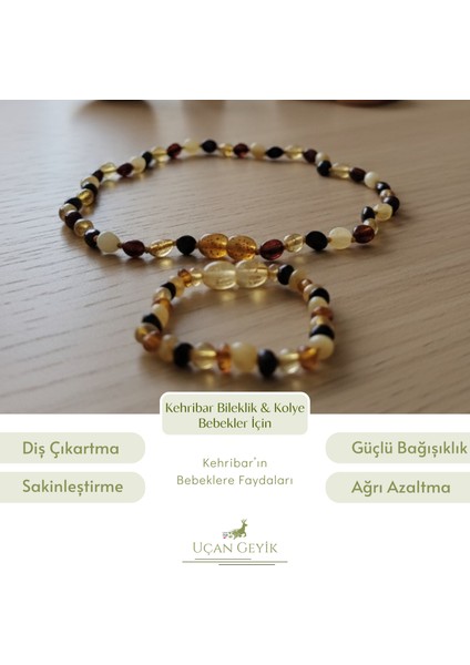 Kehribar Bebek Diş Çıkarma Bileklik ve Kolye Seti – Doğal Baltık Kehribar, Huzur ve Denge Sağlayan El Yapımı Taş Set