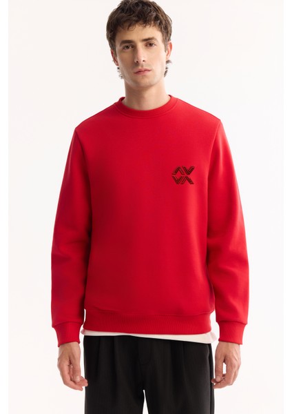 Erkek Kırmızı Bisiklet Yaka Pamuklu Bi-Stretch Basic Regular Fit Sweatshirt A52Y1328