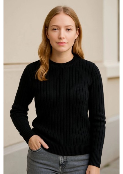 Kadın Bisiklet Yuvarlak Yaka Triko Kazak Pamuklu Kalın Fitilli Dokuma, Regular Fit Uzun Kollu Kışlık Model - Siyah