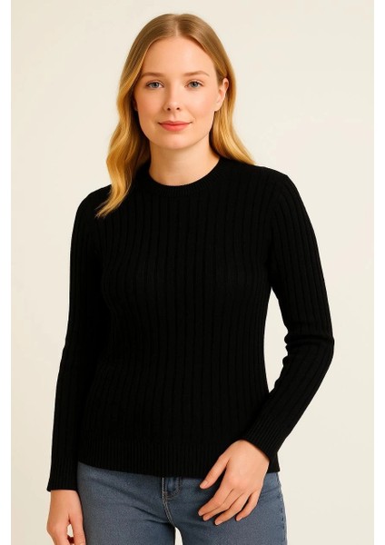 Kadın Bisiklet Yuvarlak Yaka Triko Kazak Pamuklu Kalın Fitilli Dokuma, Regular Fit Uzun Kollu Kışlık Model - Siyah modelleri